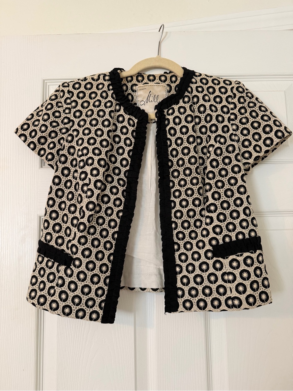 Vintage Milly of New York Black and Cream Crocheted Short Sleeve Jacket